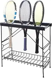 Tennis Racket Storage Rack,Double-Layer Tennis Racquet Storage Rack.Metal Ball Sports Equipment Storage Rack.Black Badminton Racket Display Rack.Can Store 18-20 Rackets