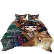 KitSune Japanese Fantasy Art Fox Girl and Fox Coverlet