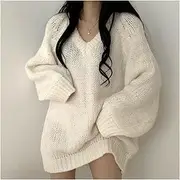 [LiFBeauTiFuL] Grey Vintage Knitting Sweater V Neck Long Sleeve Simplicity Casual Korean Fashion Baggy Tops Ladies Autumn (Color : White, Size : One Size)