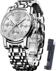 OLEVS Mens Watches Dress Designer Diamond Analog Quartz Stainless Steel Silver Waterproof Metal Date Chronograph Roman Numerals Gent Wrist Watch