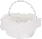 Flower Girl Basket Elegant Lightweight Stylish Wedding Accessory for Wedding Ceremony Party White Satin Feather Approx.26x23cm 202g