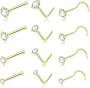 [DAILI] 20G Gold Nose Rings Studs: Surgical Steel L Shaped Nose Studs Hypoallergenic Corkscrew Nose Rings Tiny CZ Bone Zircon nose stud set for Women Men (12Pcs)