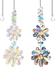 2 PCS Crystal Flower Sun Catcher Prisms Colorful Suncatcher Hanging Ornament Crystals Sunflower Rainbow Maker Suncatchers for Windows Hanging Indoor Outdoor Balcony Aesthetic Home Patio Garden Decor