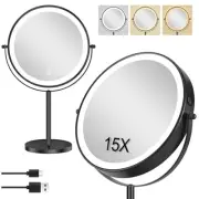 9" Lighted Makeup Mirror, 1X/Magnifying Mirror with Light Double 15X Black