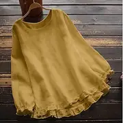 Women's Plus Size Linen-Inspired Shirts Blouse Plain Basic Casual Comfortable Long Sleeve Crew Neck Crewneck Long Tops Daily Weekend Ruffle Lettuce Trim Black