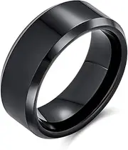 [Bling Jewelry] Personalize Plain Simple Wide Beveled Titanium Gunmetal Black Silver Tone Unisex Couples Wedding Band Ring For Men Women Comfort Fit 8MM Size 6-14