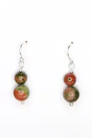 Unakite Green 6, 8mm Ball Natural Gemstone .925 Sterling Silver Earrings 1.25"