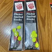 2 Packs Bear Paw Flicker ￼￼Fluorescent Yellow Spinner Snelled Hooks FYBH 1/0