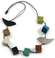 [Avalaya] Multicoloured Wood Cube Bead and Bird Black Cotton Cord Necklace - 80cm Max/Adjustable, cords Wood