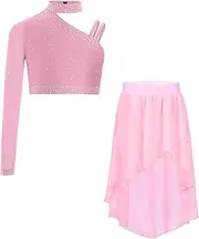 [Loodgao] Kids Girls 2Pcs Dance Costumes Modern Latin Dance Outfits Rhinestone Crop Top and Mesh Skirts for Figure Skating