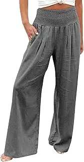 Women's Casual Cotton Linen Pants Drawstring Elastic Waist Wide Leg Summer Loose Fit Lightweight Vacation Trousers