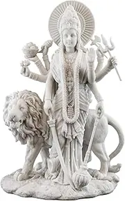 [Royal Kurta] Durga Female Hindu Statue with Lion- Divine Mother of The Universe Goddess Sculpture - Collectible East Asian New Age Figurine (White Marble Finish) -Polyresin Statue