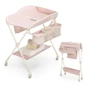 Giantex 4-in-1 Foldable Baby Change & Bathtub Table Mobile Diaper Station Height Adjustable, Pink