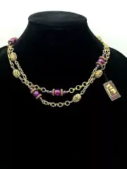 1928 Oxidized Brass Ornate Lavendar Lucite Beads Never Ending Chain 38" Necklace