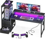 ODK 59Inch Gaming Desk with LED Lights & Power Outlet, Reversible Computer Desk with Drawers, Gaming Table with Monitor Stand & Storage, 151 * 50 * 114.7cm, Carbon Fiber Black