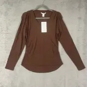 Athleta Outbound V-Neck Top Size Small Long Sleeve Brown Ruched Workout Stretch