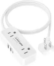 Flat Plug Extension Cord 3 Feet with 4 AC Outlets 3 USB 3FT-Round Cord, White