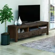 TV Cabinet with 3 Storage Drawers with Shelf Solid Acacia Wooden Frame Entertainment Unit in Chocolate / Oak Colour