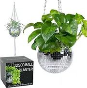 SCANDINORDICA Disco Ball Planter - Mirror Glitter Plant Hanger With Chain and Macrame Rope, Boho Hanging Planter | 15 cm (6") Silver