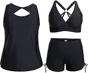 [Holipick] Women 3 Piece Plus Size Tankini Swimsuits Tummy Control Bathing Suits with Sports Bra with Boy Shorts