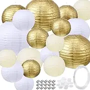 79 Pieces Round Chinese Paper Lantern Set, Decorative Assorted Sizes Lanterns with 20 Meter Clear Nylon Thread Crimping Loop Sleeve and Adhesive Ceiling Hook for Wedding, Party, Event