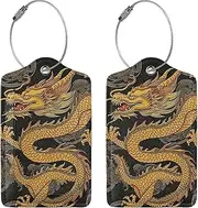 [BTCOWZRV] Luggage Tag Pu Leather Luggage Tags for Suitcases with Privacy Cover & Stainless Steel Loop Yellow Dragon Black Background Baggage Tags Personalized Suitcase Tag Name Id Label for Travel Bag