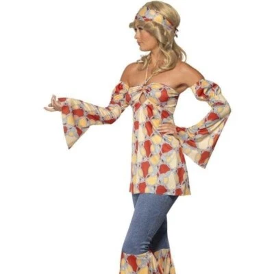 Retro 70s Hippy Costume: Halterneck Top, Sleeves, Flares & Headband