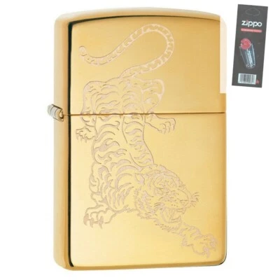 Zippo 29884 Intricate Tiger Design High Polish Solid Brass Lighter + FLINT PACK