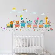 PinkEleph Animals Train Wall Stickers - Elephant Monkey Lion Tiger Giraffe Wall Decals - Baby Nursery Kids Boy Girls Room Daycare Playroom Classroom Wall Decor