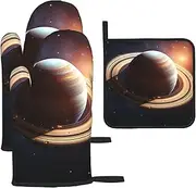 3 pcs Oven Mitts and Pot Holders Set 500°F Heat Resistant Oven Gloves and Hot Pads Kitchen Mittens Saturn Ring Planet Cooking Gloves Potholders for Baking Grilling