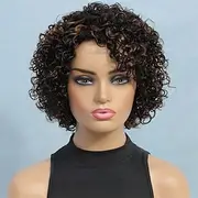 Ombre Short Curly Human Hair Wigs For Black Women Short Curly Wigs Human Hair Highlighted Piano Color Side Part Wigs For Older Women