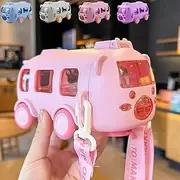 Water Cup in Bus Shape with Strap 500 ML-16.9 Oz, Infinitne Portable Water Cup, 360° Leak-Proof Portable Water Bottle with Straw and Strap, Flip Top Straw Water Bottle for Kids (Pink)