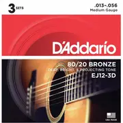 3 Pack of D'Addario EJ12 Acoustic Guitar Strings 80/20 Bronze 13-56 Medium