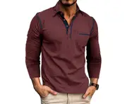 Men's Long Sleeve Polo Shirts Cotton V-neck Undershirts Classic Baselayer Henley Shirts for Men -Wine Red