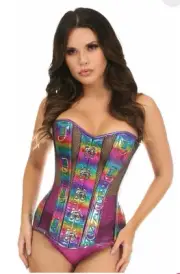DAISY CORSETS Top Drawer Rainbow Glitter Fishnet Steel Boned Over Bust Corset