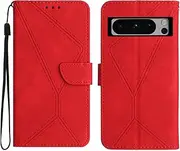 Compatible with Google Pixel 8 Pro 5G Case,Compatible with Google Pixel 8 Pro 5G Kickstand Flip Card Slot Magnetic Closure Phone Cover Red