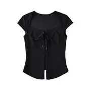 Short Sleeve Square-Neck Plain Lace-Up Crop Top Black - S