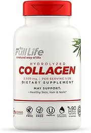 Full Life Hydrolyzed Collagen Supplements - Bovine Collagen Pills for Women and Men - Kosher, Gluten-Free - 90 Veggie Capsules 2,500mg