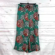 NWT Nicole Miller Linen Tropical Hawaiian Palm Beaded Belt Wide Leg Crop Pants L