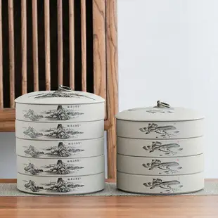 粗陶普洱茶餅收納盒陶瓷罐子復古中國風水墨白茶儲存罐存放盒