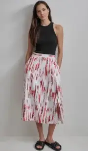DKNY Women's Linen Blend Print Pull On Midi Skirt (Pink, White, XL), NWT $109
