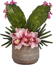 18in. Cymbidium Orchid and Cactus Artificial Arrangement in Stoneware Vase