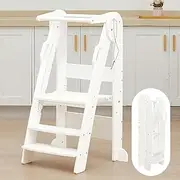 AMEIJIE Foldable Toddler Kitchen Tower, Baby Montessori Kitchen Helper with Safety Rail, Kids Wooden Learning Tower Adjustable Learning Step Stool (Wood) (白色)