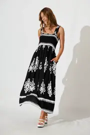 Evanston Maxi Dress Sleeveless in Black With White Print 8