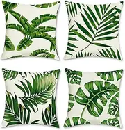 Bonhause Tropical Leaves Cushion Covers 50 x 50 cm Palm Leaf Plant Decorative Throw Pillow Covers Polyester Linen Green Pillowcases for Sofa Couch Bed Home Garden Outdoor Decor Set of 4