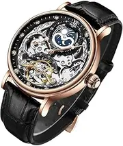 [IK COLOURING] Bestn Mens Luxury Skeleton Automatic Mechanical Wrist Watches Leather Moon Phrase Luminous Hands Self-Wind Watch