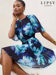 Lipsy Navy Blue Floral Pleated Mini Shift Dress (W30711) | $150