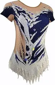 [JoyCan] Blue Rhythmic Gymnastics Leotards And Red Mosaic Diamond Inlaid Large Gem Girls Competition Performance