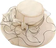 [Ｗoowayo] Women Wide Brim Sun Hats Beach Hat Floral Design Sun Protection Adjustable Organza Thin Elegant Sun Cap Fashion Accessories Beige