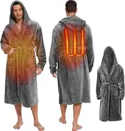 [HJDHS] Heated Robe for Men with Hood - Men's Heated Bathrobes with 3 Heating Modes Warm Long Fleece Bathrobe Plush for Winter